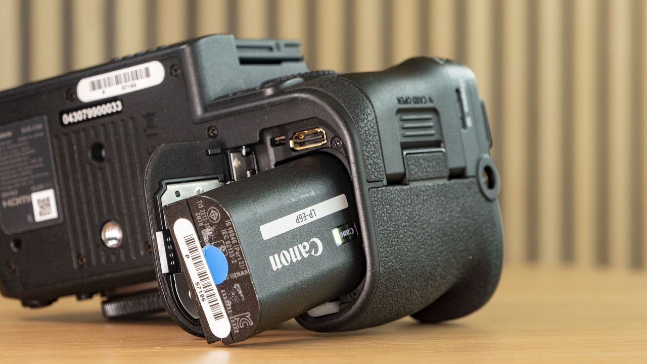 Close up of the Canon EOS C50's battery