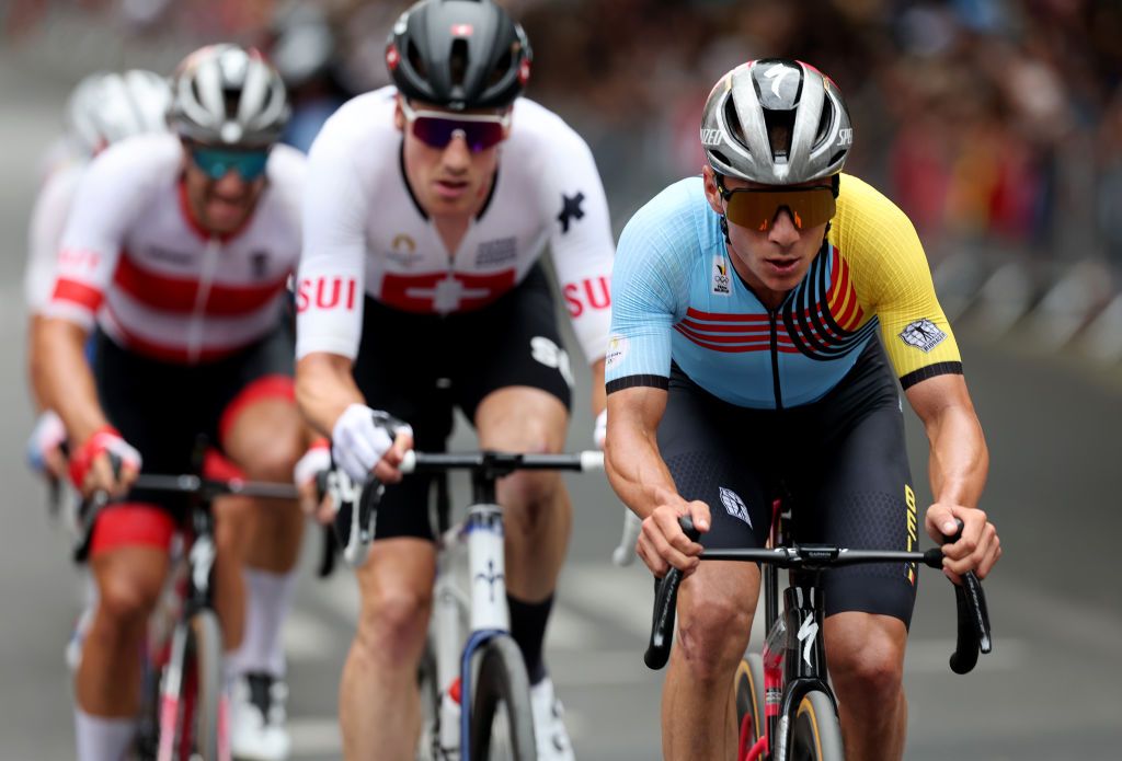 PARIS FRANCE AUGUST 03 Remco Evenepoel of Team Belgium competes in the breakaway during the Mens Road Race on day eight of the Olympic Games Paris 2024 at trocadero on August 03 2024 in Paris France Photo by Tim de WaeleGetty Images