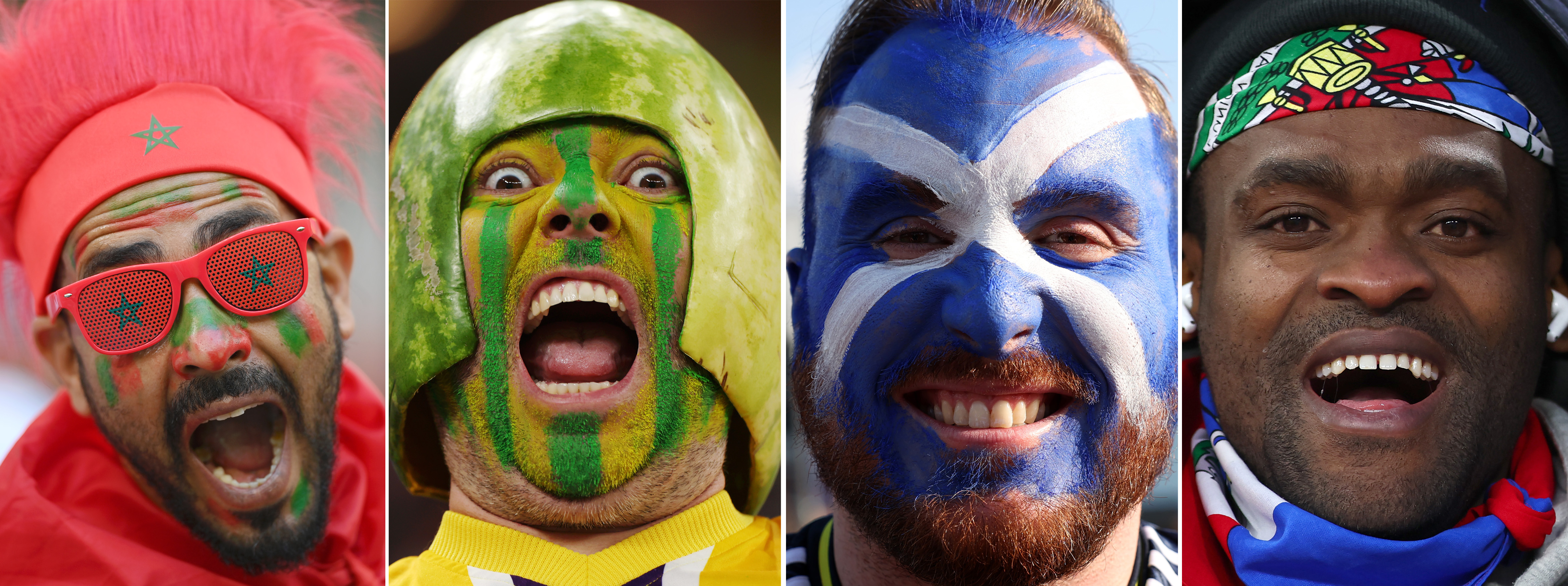 This composite image shows a fan of each of the 4 national teams of Brazil, Morocco, Haiti, Scotland taking part in Group C of the 2026 World Cup in USA, Mexico and Canada. (Photo by Getty Images)