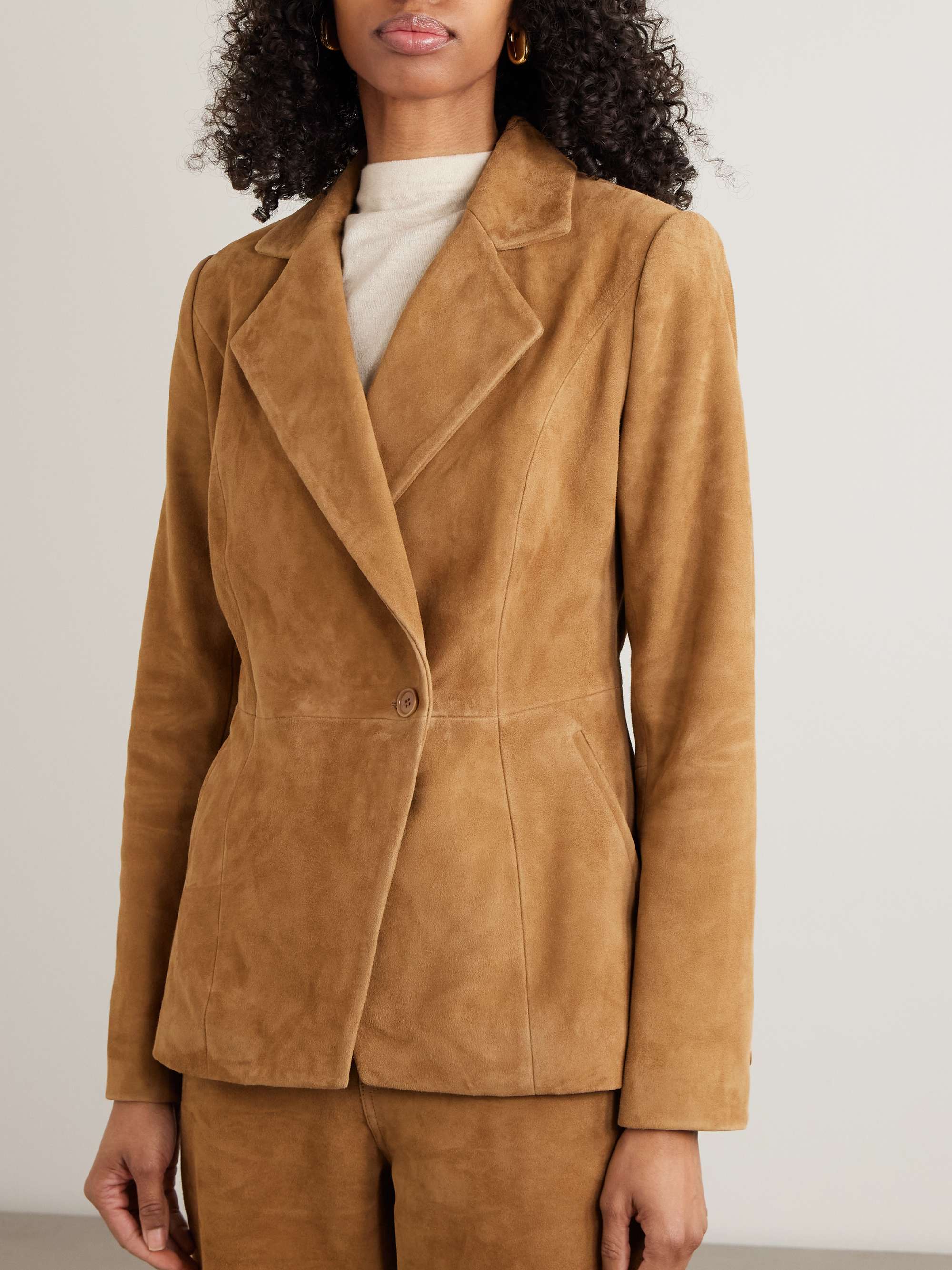 Double-Breasted Paneled Asymmetrical Brushed-Suede Blazer