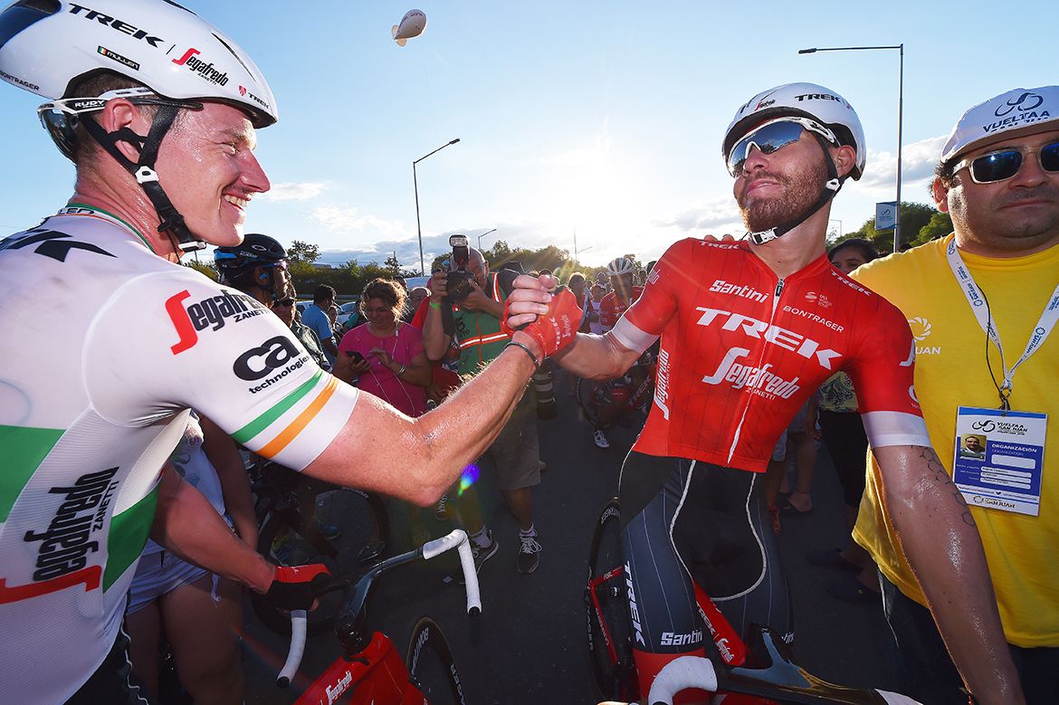 Ryan Mullen and Giacomo Nizzolo (Trek-Segafredo) celebrate