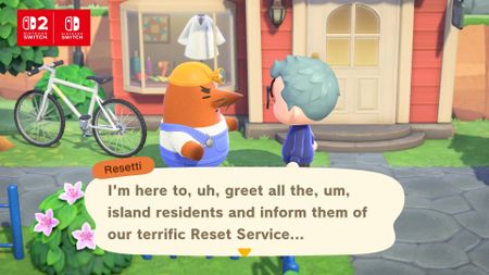 Resetti speaking about his new Reset Service in Animal Crossing New Horizons