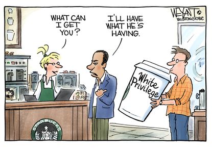 Political cartoon U.S. Starbucks anti-racial bias training white privilege