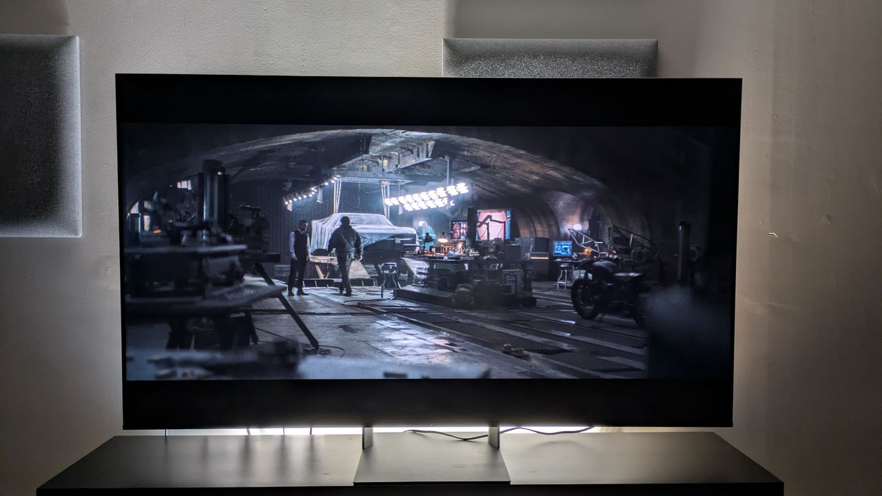 Sony Bravia 7 II with a shot of the batcave from The Batman on screen. The Bravia 7 II shows excellent contrast between light and dark tones