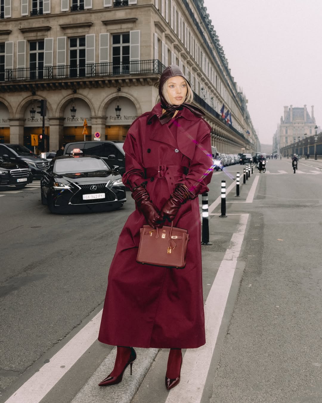 Elsa Hosk wearing a burgundy monochromatic outfit.