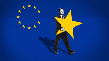 Illustration of Volodymyr Zelenskyy walking away with one of the EU flag stars