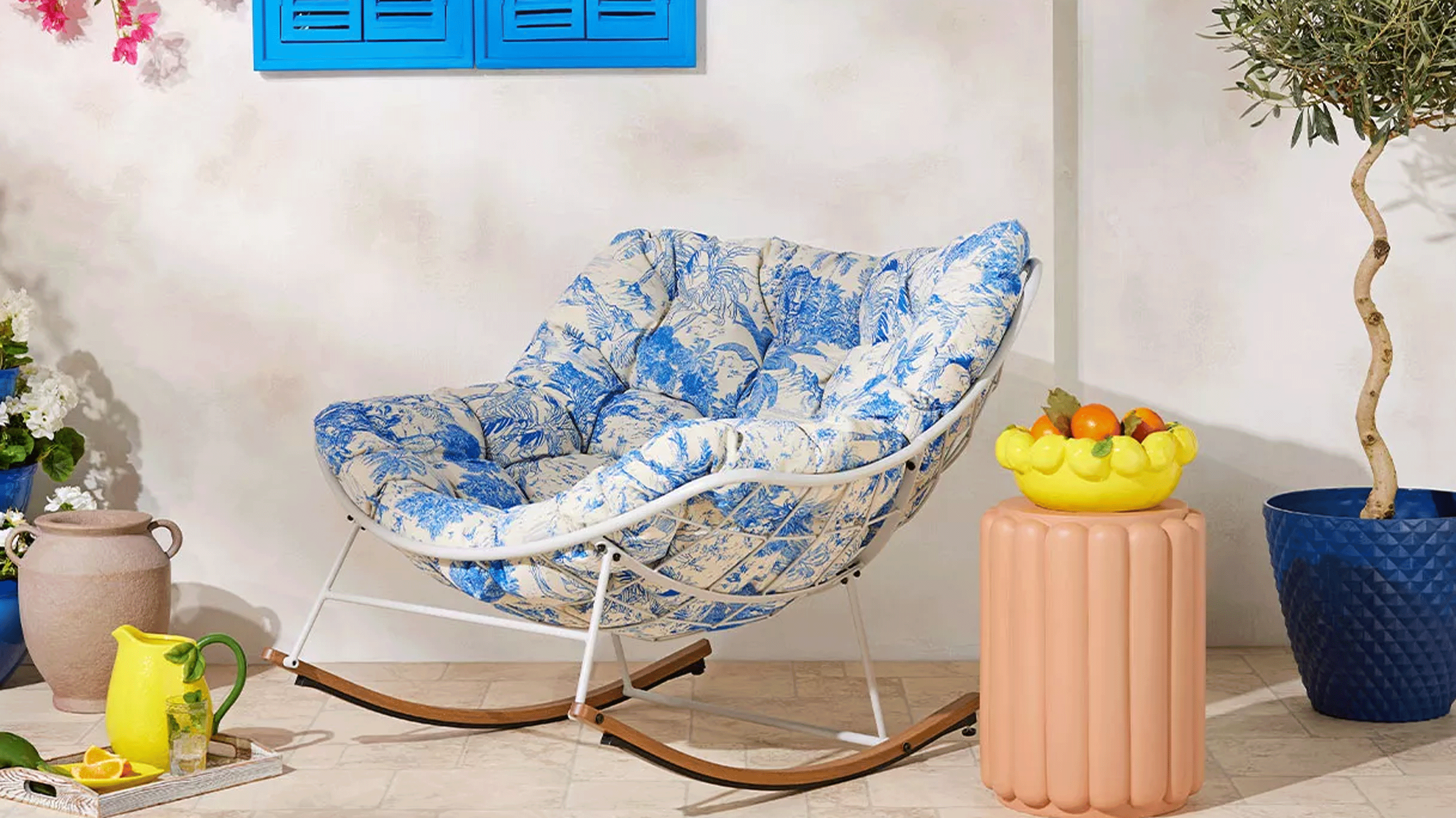 Blue jungle pattern rocking garden chair from QVC