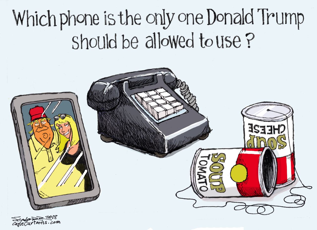 Political cartoon U.S. Trump telephone soup cans landline iPhone unsecured spying