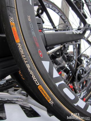 Fat Continental tubular tires and Easton carbon wheels for the BMC team for Paris-Roubaix.