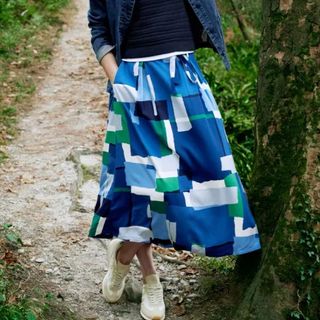 abstract printed skirt in a mix of blues and white