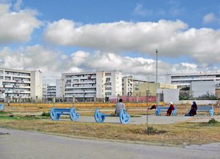 Space with blue benches