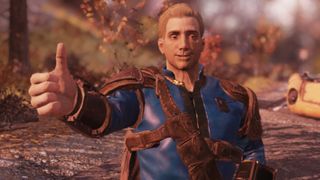 Fallout 76 - a player in a vault suit gives a thumbs up
