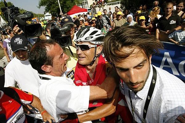 Hunter gets the first team hugs right after the finish.