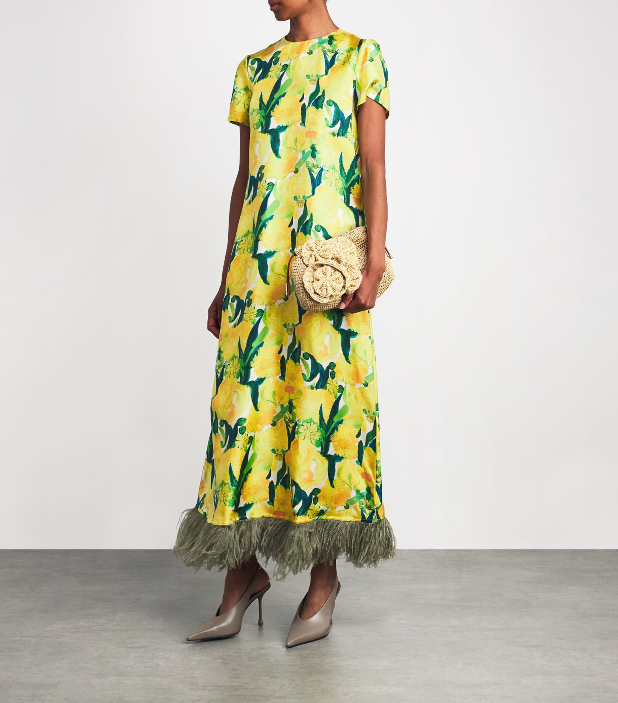 La Doublej Silk Feather-Trim Swing Maxi Dress
