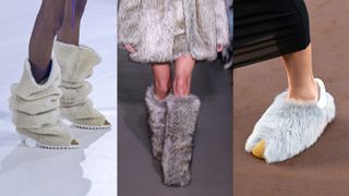 A composit of fall winter shoe trends fluffy shoes on the runway