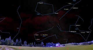 A vast night sky hovers over a wide, warped grassy horizon with a of barn near the middle and dirt road off to the left. Above, dark red clouds hover in the starry sky. Blue lines connect stars to form constellations, which are all labeled. A crescent moon hangs lower center.