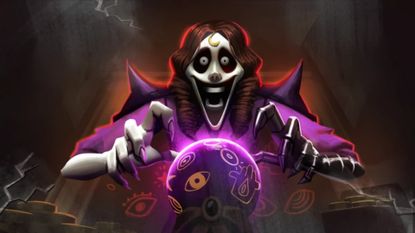 A woman looks upon a crystal ball with a manic look on her face in The Mimic on Roblox.