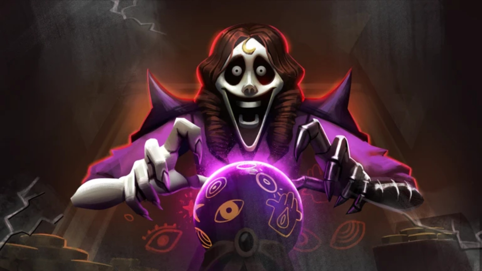 A woman looks upon a crystal ball with a manic look on her face in The Mimic on Roblox.