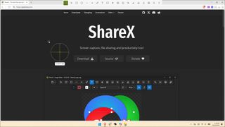 The ShareX website displayed on Windows 11 alongside the app's redesigned image editor and screen capture tools.