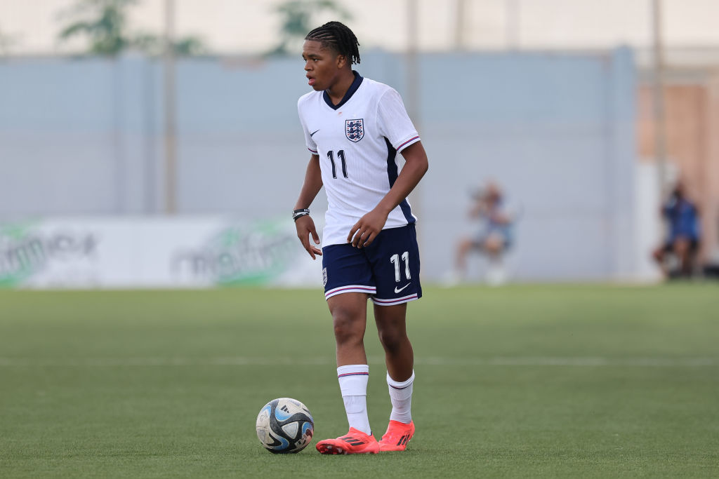 Rio Ngumoha of England is in action during the UEFA European Under-17 Championship 2025 Group 1 qualifying soccer match between England and Malta at the Centenary Stadium in Ta' Qali, Malta, on October 24, 2024.