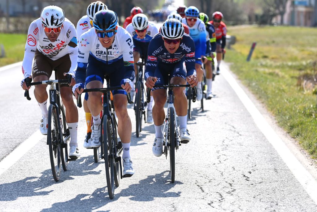 FERMO ITALY MARCH 11 LR Greg Van Avermaet of Belgium and AG2R Citroen Team Daryl Impey of South Africa and Team Israel Premier Tech and Robert Stannard of Australia and Team AlpecinFenix compete during the 57th TirrenoAdriatico 2022 Stage 5 a 155km stage from Sefro to Fermo 317m TirrenoAdriatico WorldTour on March 11 2022 in Fermo Italy Photo by Tim de WaeleGetty Images