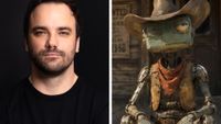 A man and a robot frog cowboy