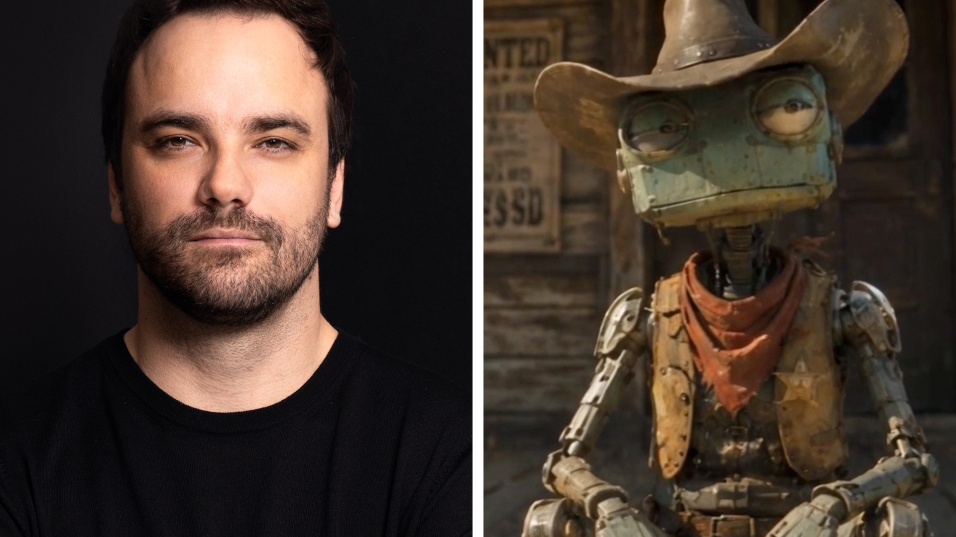 A man and a robot frog cowboy