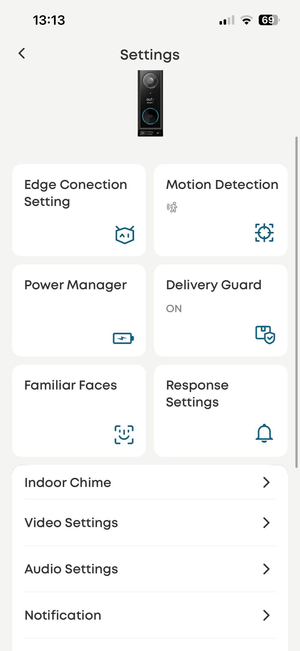 eufy E340 video doorbell menu settings. This menu is accessed through the settings cog on the live video feed view