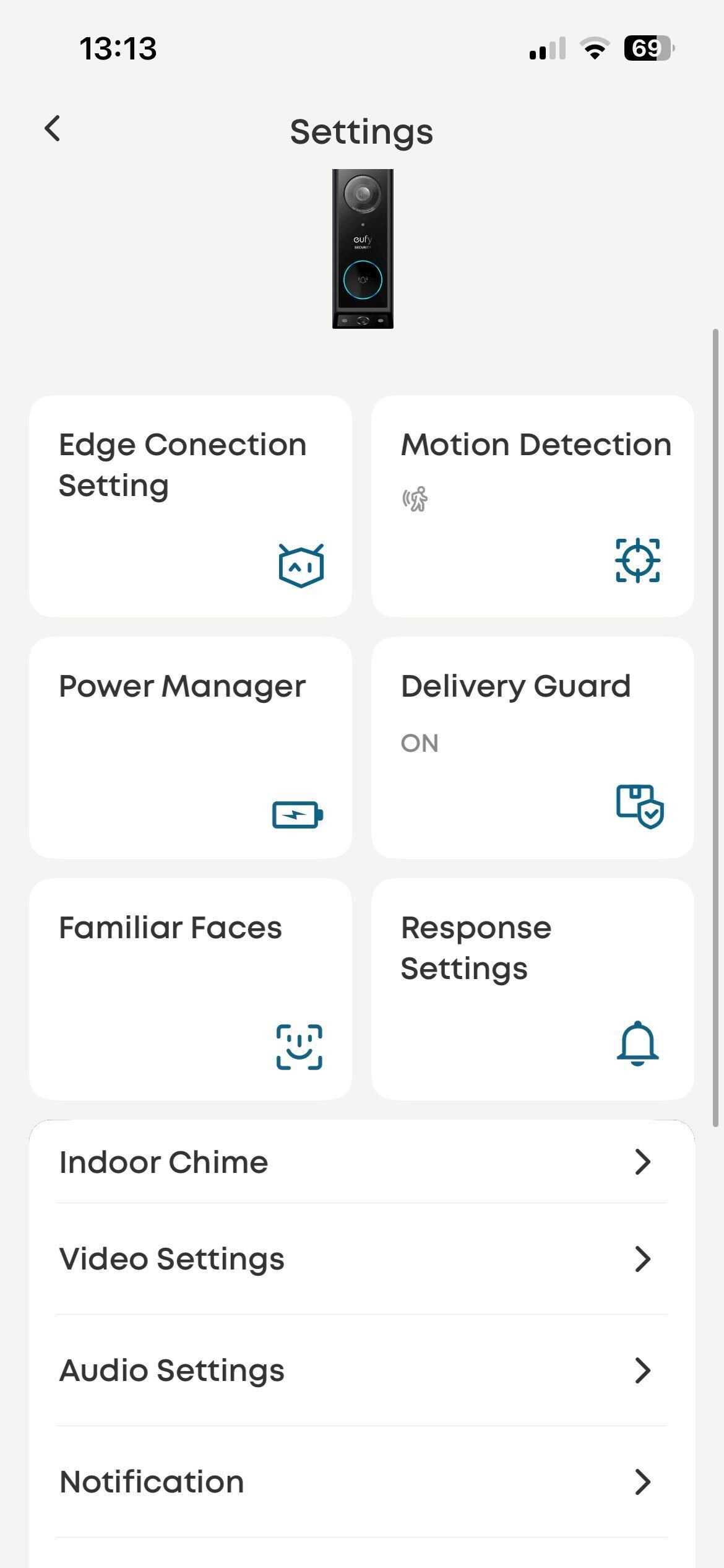 eufy E340 video doorbell menu settings. This menu is accessed through the settings cog on the live video feed view