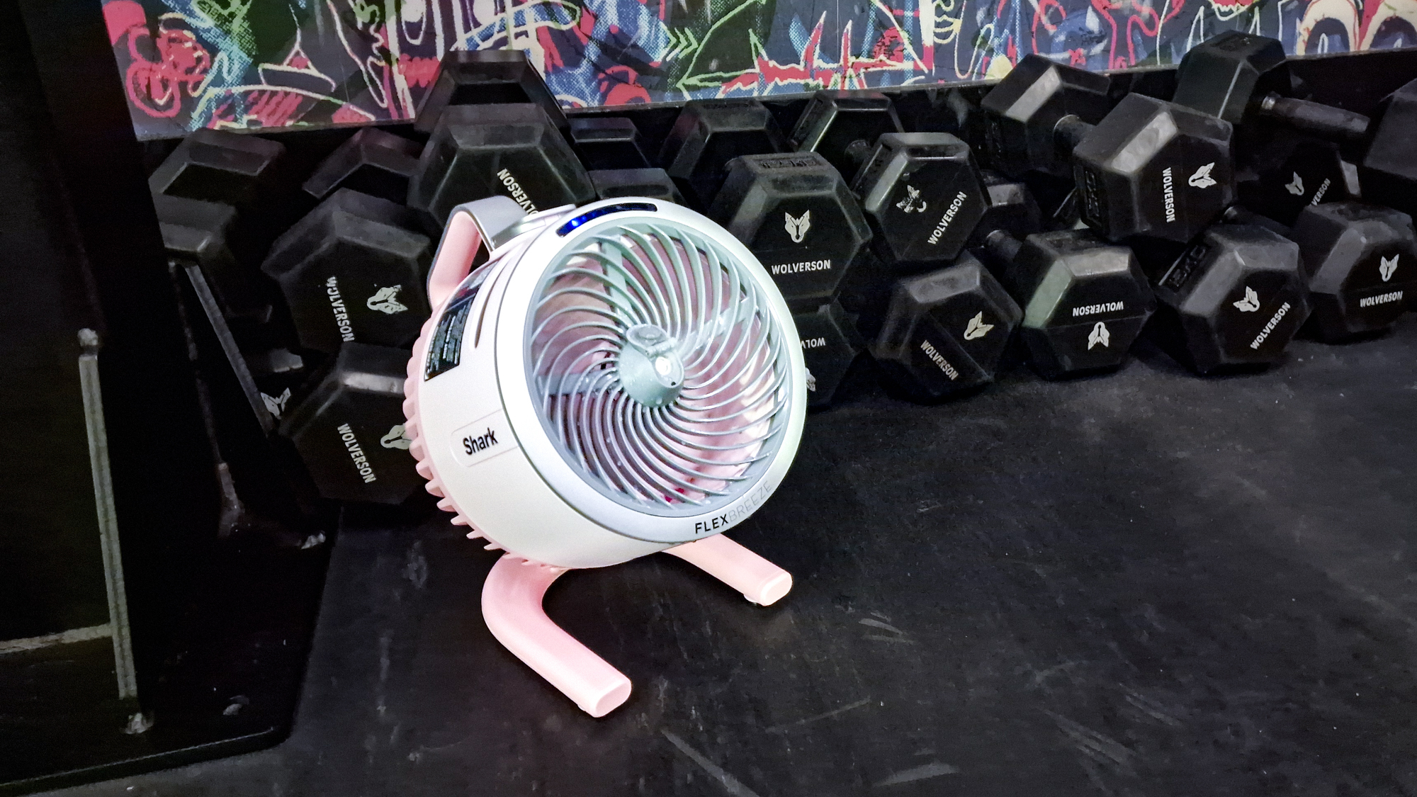 Shark FlexBreeze HydroGo in a dark gym