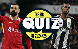 Mohamed Salah and Alexander Isak stand proudly beside the "FourFourTwo Big Quiz of 2024/25" logo