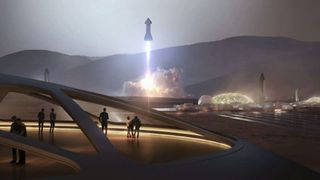 An artist&#039;s depiction of SpaceX Starships on Mars.