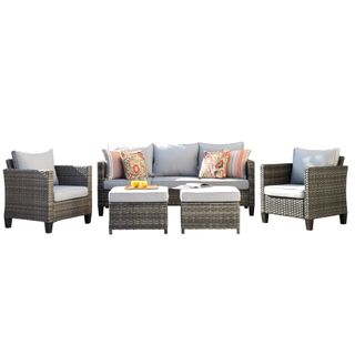 Ovios 5 Pieces Outdoor Patio Furniture - gray polyrattan armchairs, two ottonmans, and a sofa