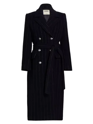 Olina Pinstripe Wool-Blend Belted Coat