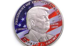  Donald J Trump is pictured on the side of coin on February 4,2021 in London, England