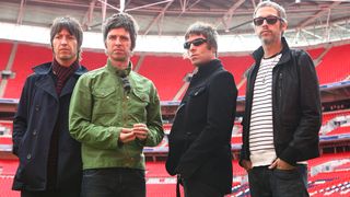 Oasis at Wembley Stadium for 2009 stadium gig announcement, London, 9th April 2008. L-R Gem Archer, Noel Gallagher, Liam Gallagher, Andy Bell