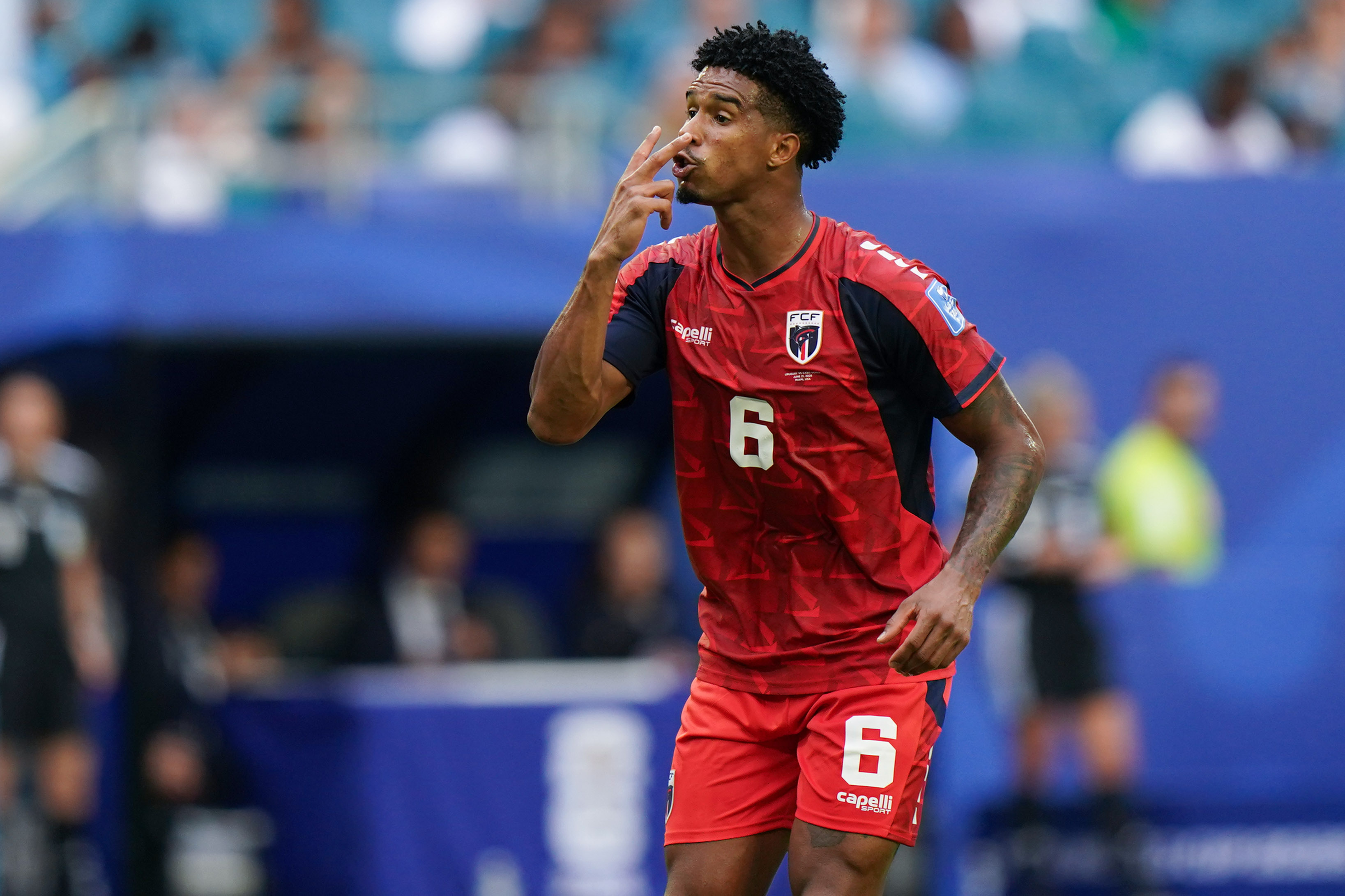 MIAMI GARDENS, FLORIDA - JUNE 21: Kevin Pina of Cabo Verde gestures during the FIFA World Cup 2026 Group H match between Uruguay and Cabo Verde at Miami Stadium