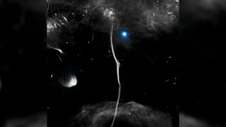 a long white tendril spanning from top to bottom between two wispy white clouds on a black background