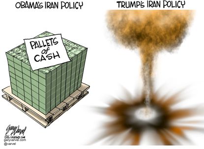 Political Cartoon U.S. Obama Trump Iran Policy Comparison