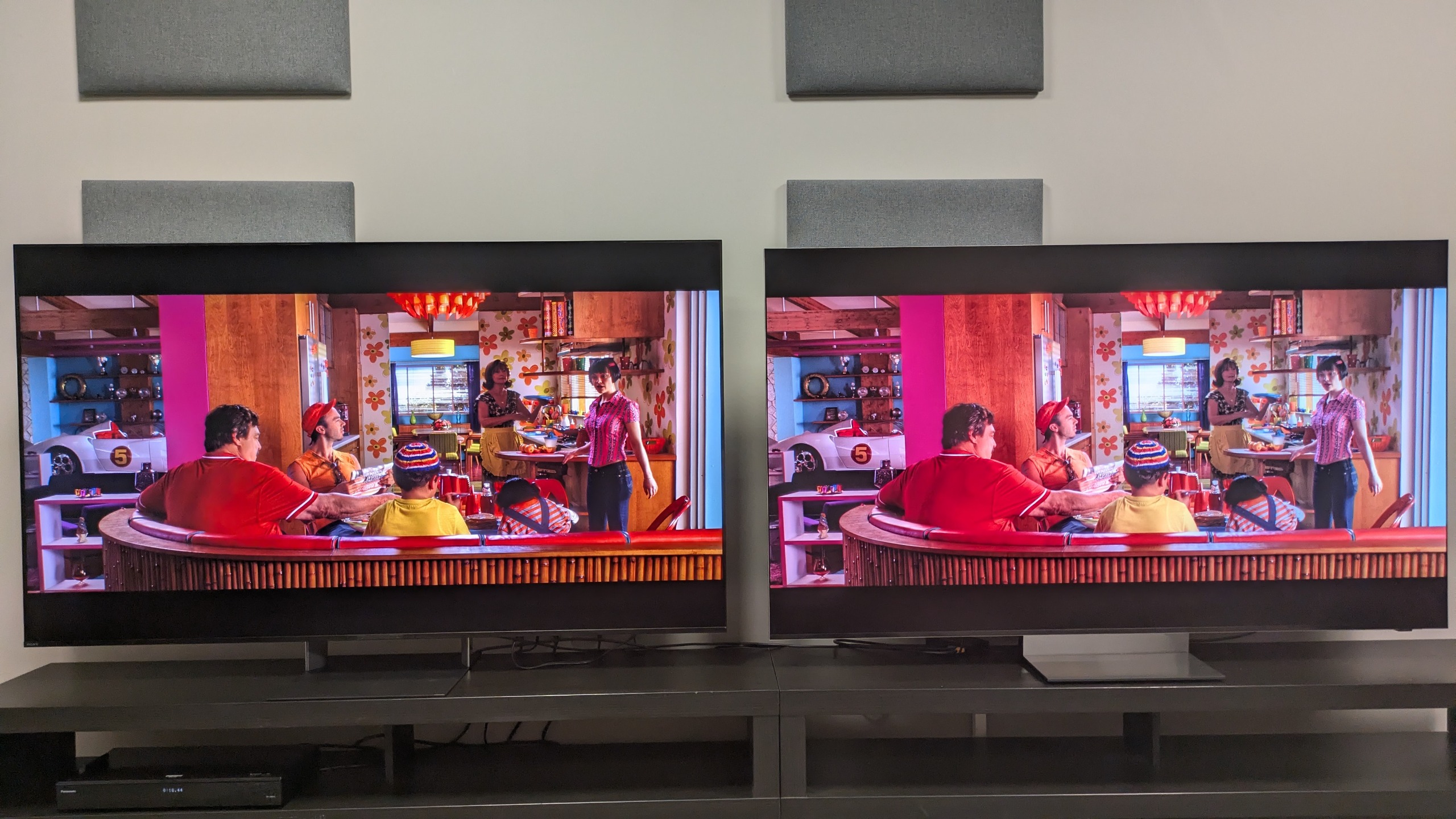 Sony Bravia 9 II vs Samsung R95H showing the Racer family at breakfast from Speed Racer. Both TVs show vibrant, vivid colors but the Bravia 9 II has deeper colors