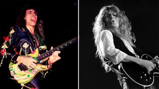 Steve Vai (left) and John Sykes perform onstage with Whitesnake in different eras