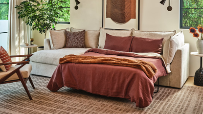 Cozy, neutral living room featuring a geometrically patterned rug and a light beige sleeper sofa styled with oxblood bed linen