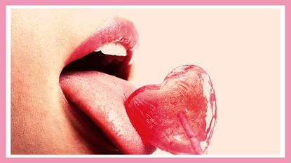 woman licking a heart shaped lollipop symbolizing oral sex