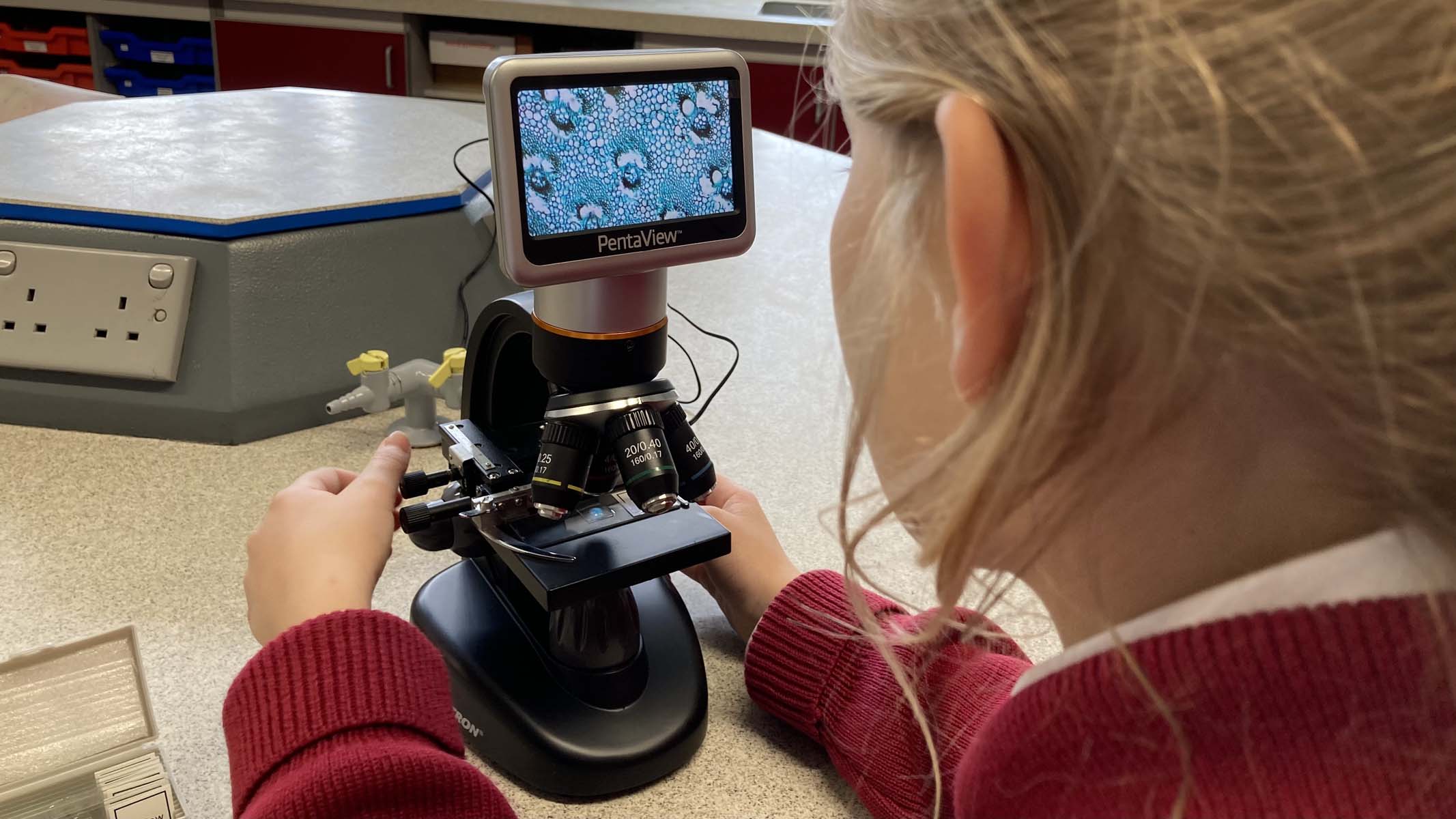 a child photographing a microscope specimen with a microscope