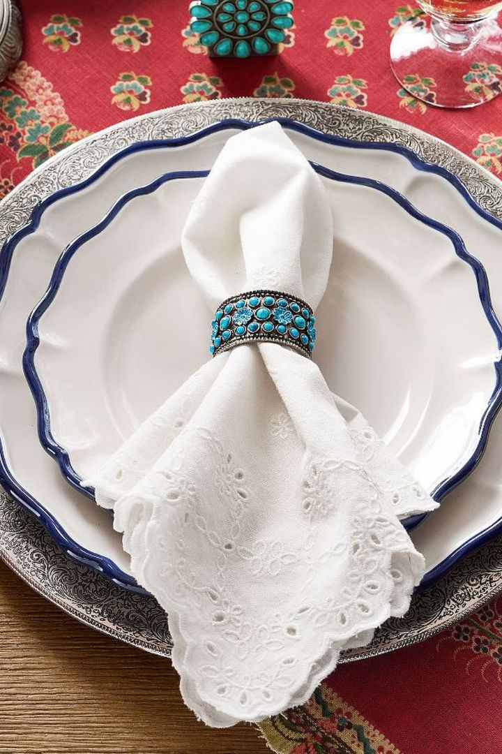 Pottery Barn Set of 4 Turquoise Handcrafted Metal Band Napkin Rings.