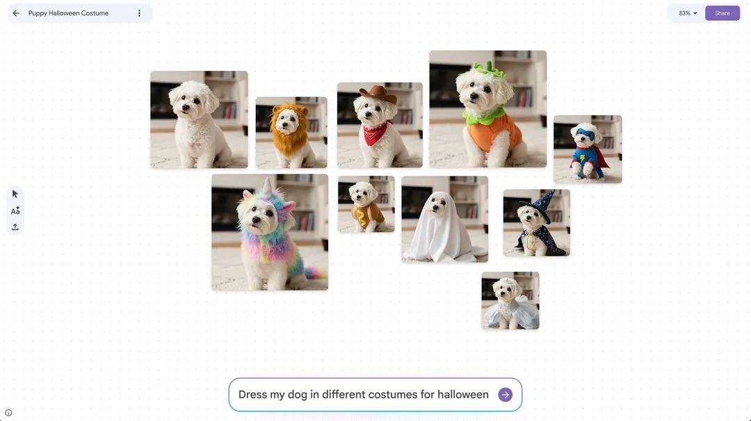 Google Mixboard showing a dog in different costumes