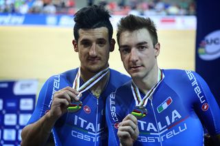 Italy’s Liam Bertazzo and Elia Viviani took silver in the madison