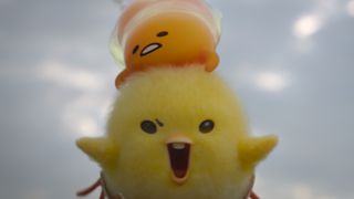Gudetama is on top of Shakipiyo as the two fly in an episode of Gudetama: An Eggcelent Adventure