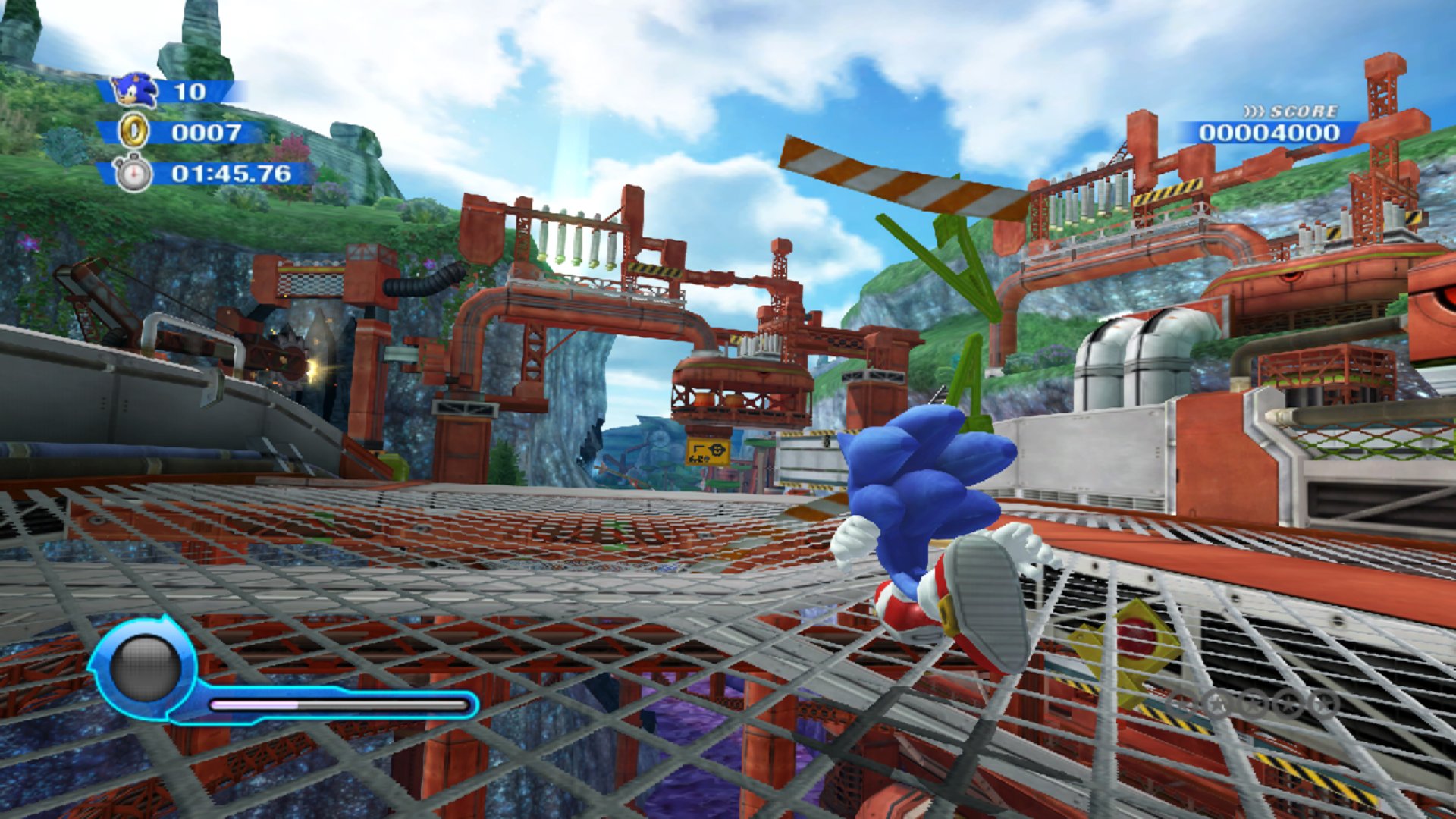 Sonic Colors screenshot showing Sonic running over a metal grated platform