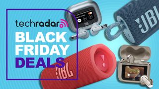 A selection of JBL earbuds and Bluetooth speakers on TR's Black Friday poster 